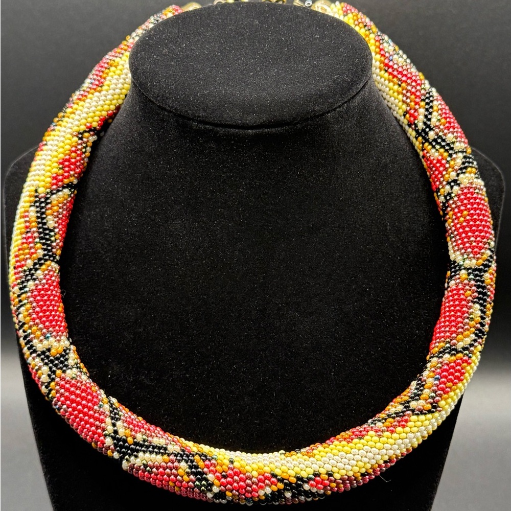 Red Python Beaded Necklace, Beadwork Choker, Seed Bead Necklace, Snake Pattern